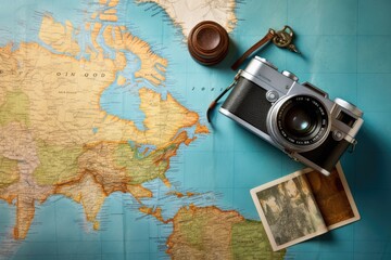 Vintage camera and old map of the world. Travel concept, Top view travel concept with retro camera films, map and passport on blue background with copy space, AI Generated - Powered by Adobe