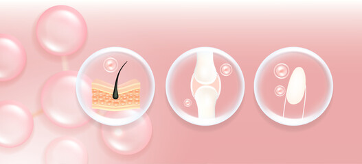 Hyaluronic acid skin hair nails bone and joint solutions ad, pink
collagen serum drop with cosmetic advertising background ready to use, illustration vector.