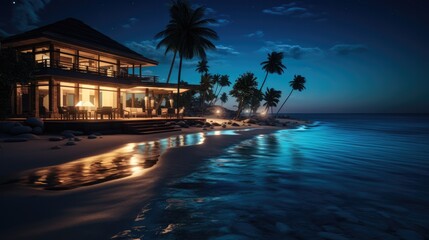 Beautiful holiday resort above the beach on sea at night.
