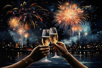 Toast with champagne on New Years Eve and firework in the background, AI generative