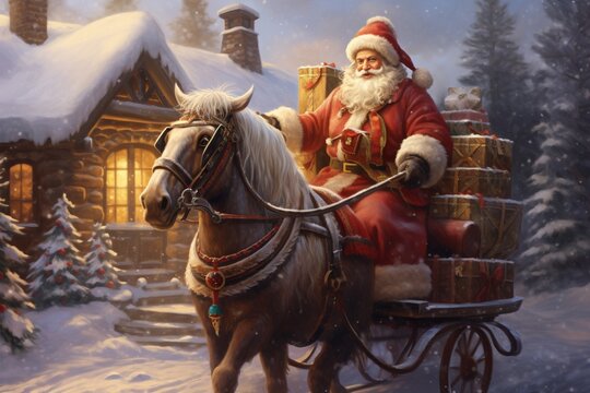 Santa claus delivers gifts in winter