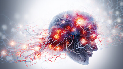 the image of man and artificial intelligence technology, neural connections on a white background, the development of new technologies, abstract futuristic fictional graphics