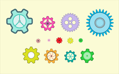A set of colorful gearwheels vector. A collection of neon color flat gear icons in different sizes.