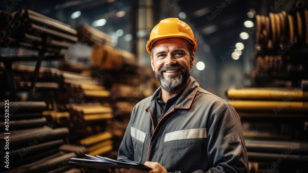 Aufkleber a steel factory engineer with tablet is working in a factory.