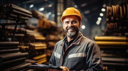 A steel factory engineer with tablet is working in a factory.