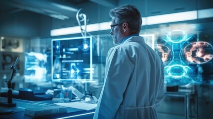 Fototapeta na wymiar Doctor working and checking on big screen in futuristic lab hospital, High tech healthcare.
