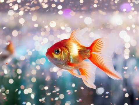 Festive goldfish swimming in a colorful aquarium with lights and decorations background