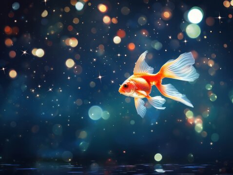 Festive goldfish swimming in a colorful aquarium with lights and decorations background