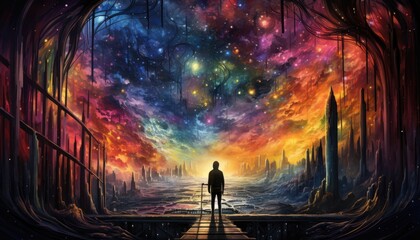 Illustration of a Boy Gazing at a Colorful Fantasy Cloud