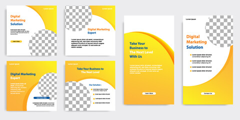 Social media carousel post banner layout in gradient yellow color background. For tips podcast, motivation, self-development, product, ads, influencer, microblog, sharing knowledge template - obrazy, fototapety, plakaty