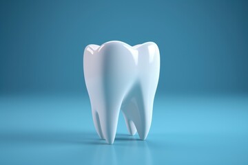 Tooth on blue backdrop with copy space. Generative AI.