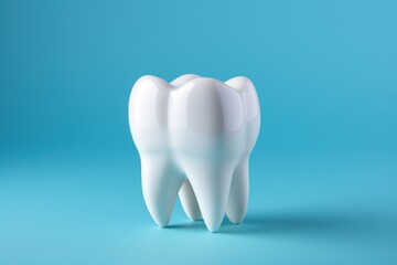 Tooth on blue backdrop with copy space. Generative AI.