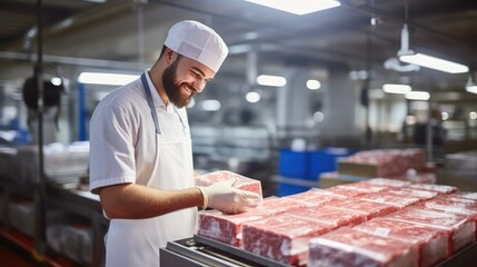 Meat industry man worker is packing minced meat into a box at food factory.