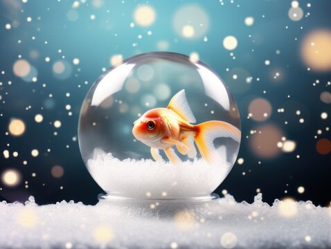 Goldfish inside a snow globe with colorful lights and snowflakes background