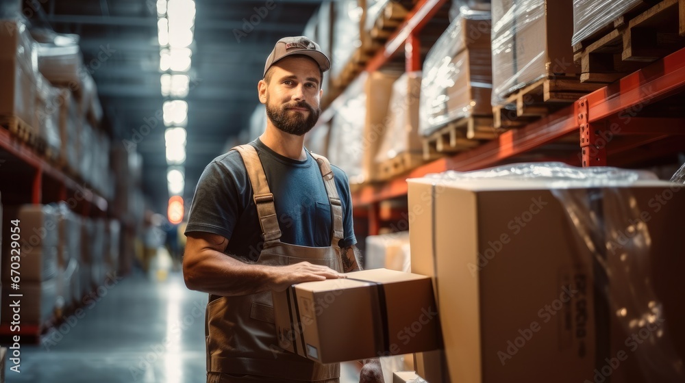 Poster warehouse worker relocating a box with goods in storage.
