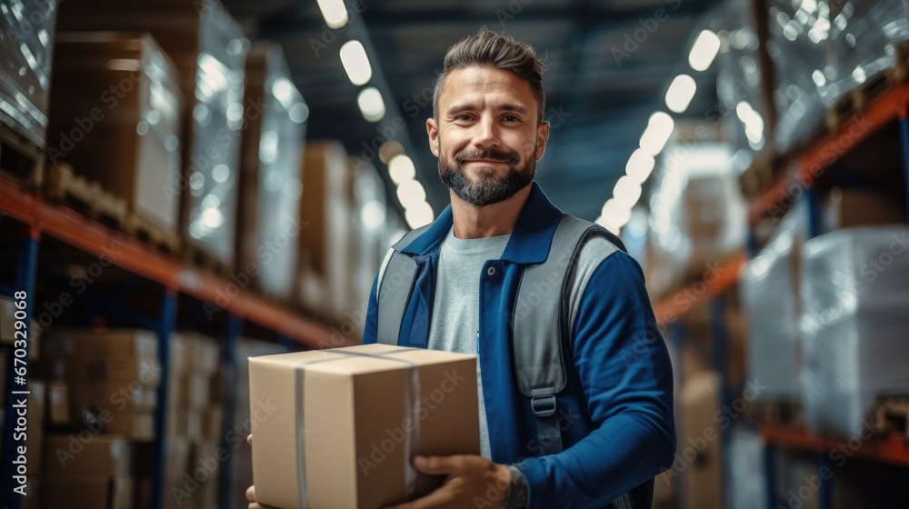 Aufkleber warehouse worker relocating a box with goods in storage.