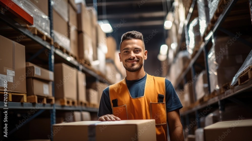 Poster warehouse worker relocating a box with goods in storage.