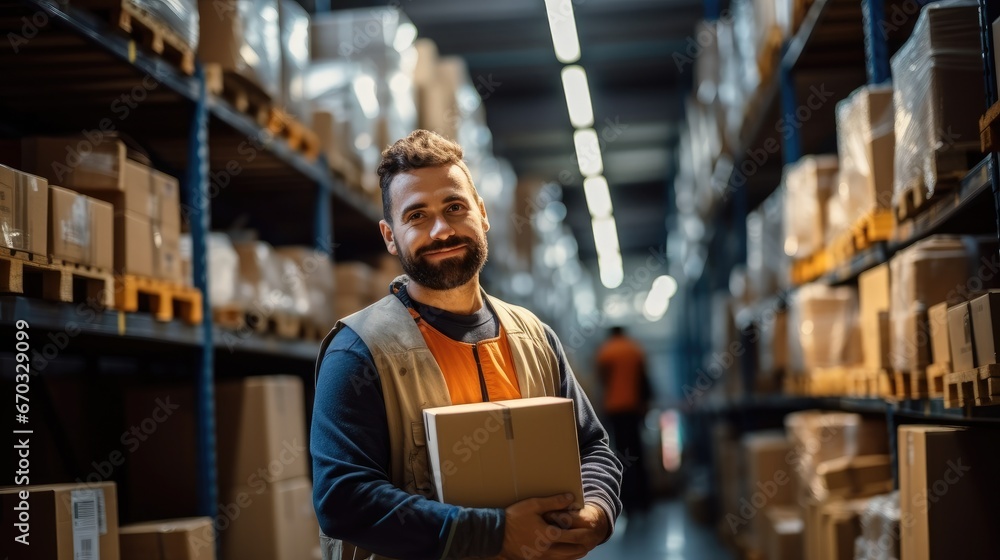 Poster warehouse worker relocating a box with goods in storage.