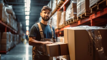 Warehouse worker relocating a box with goods in storage.