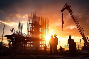 sunset sites construction blurry sites construction blueprints looking engineers business teams silhouette   site construction building sunset environmental management survey engineer