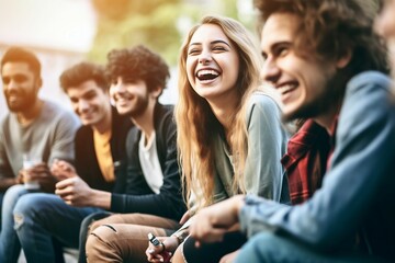 mouth open smiling girl blonde focus together fun having students outdoors bench sitting together chatting people young trendy group   sitting people chatting group together woman happy - obrazy, fototapety, plakaty
