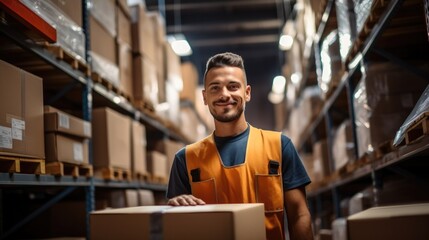 Obraz premium Warehouse worker relocating a box with goods in storage.