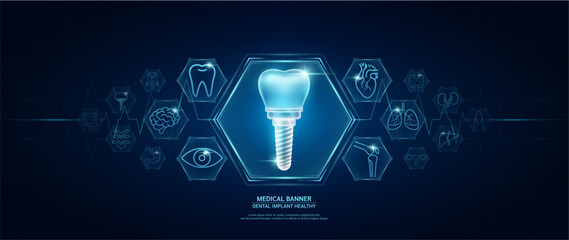 Dental implant healthy. Human organs icon symbols. Medical science banner design template. Health care medical check up too innovative digital technology. Examining organ and heart pulse. Vector. - obrazy, fototapety, plakaty