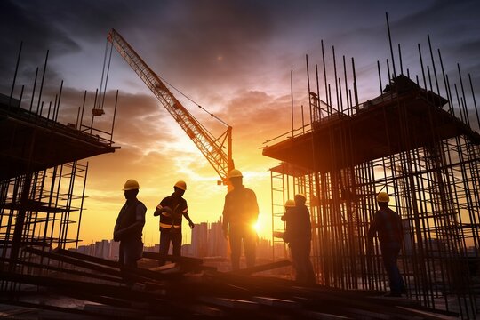 sunset sites construction blurry sites construction blueprints looking engineers business teams silhouette   site construction building sunset environmental management survey engineer