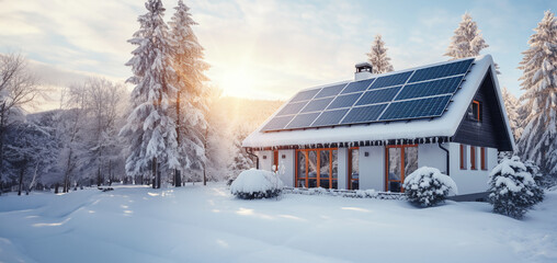 Solar panels on a house in the winter season. Aesthetic cartoon image pretty sunlight snow - obrazy, fototapety, plakaty