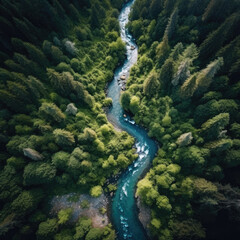 Drone View of Winding River Through Dense Forest