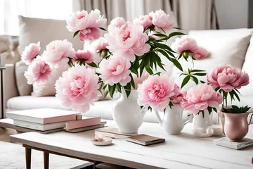 Fotobehang home decoration, fresh pink peonies on coffee table in white roo  © usman