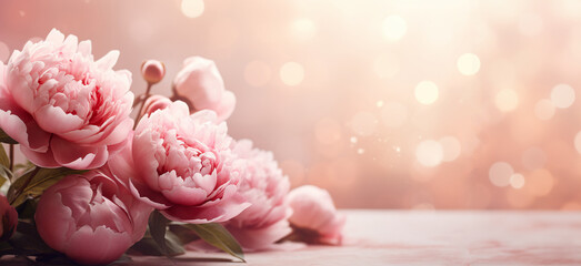 Summer gradient background delicately decorated with a few pink peonies and leaves on the left side pastel colors, beautiful bokeh, very gently, empty space on the right side - obrazy, fototapety, plakaty