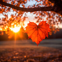 Heart shaped leaf on a tree with the sunset in the background