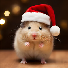 Fototapeta na wymiar Hamster wearing a Santa hat. A Christmas theme