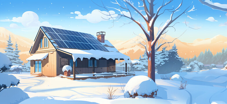 Solar panels on a house in the winter season. Aesthetic cartoon image pretty sunlight snow