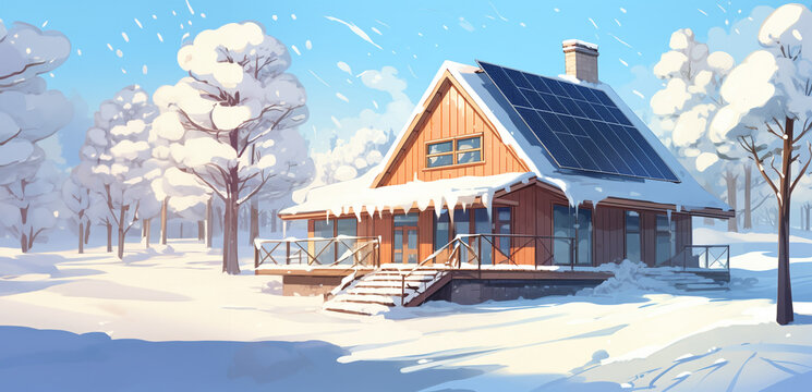 Solar panels on a house in the winter season. Aesthetic cartoon image pretty sunlight snow