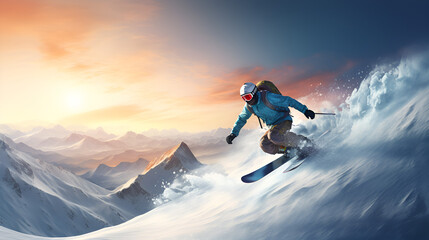 skier on pise in high mountains Skiers show graceful stunts of cool sliding postures on downhill snow mountain generative ai
 - obrazy, fototapety, plakaty