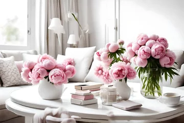 Fotobehang home decoration, fresh pink peonies on coffee table in white roo  © usman