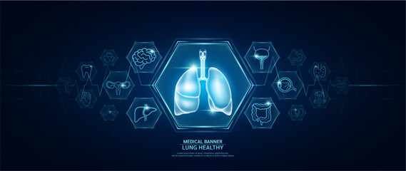 Lung healthy. Human organs icon symbols. Medical science banner design template. Health care medical check up too innovative futuristic digital technology. Examining organ and heart pulse. Vector. - obrazy, fototapety, plakaty