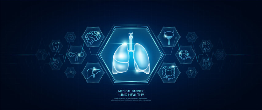 Lung Healthy. Human Organs Icon Symbols. Medical Science Banner Design Template. Health Care Medical Check Up Too Innovative Futuristic Digital Technology. Examining Organ And Heart Pulse. Vector.