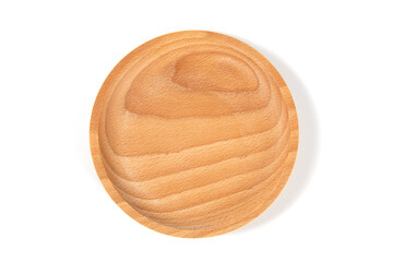 Top view of a wooden plate isolated on white background.