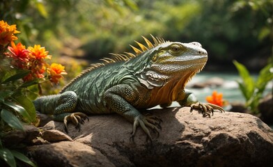 Naklejka premium Wild iguana on a rock by a river