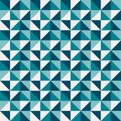 Fototapeta premium Abstrakcyjny, geometryczny wzór bezszwowo z kwadratowymi i trójkątnymi kształtami w kolorze niebieskim i białym jako tło. Ilustracja wektorowa.