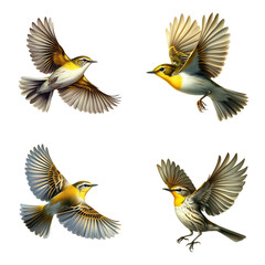 A set of male and female Yellow-throated Vireos flying on a transparent background