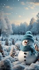 Obraz premium high narrow postcard with a Christmas snowman on a festive background illustration for children