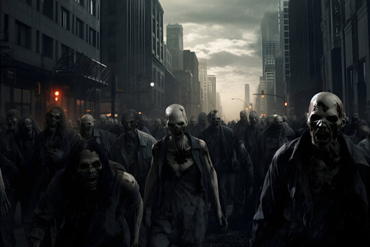 Group of zombies slowly walking on downtown streets of a large city at late evening. Neural network generated image. Not based on any actual person, scene or pattern.