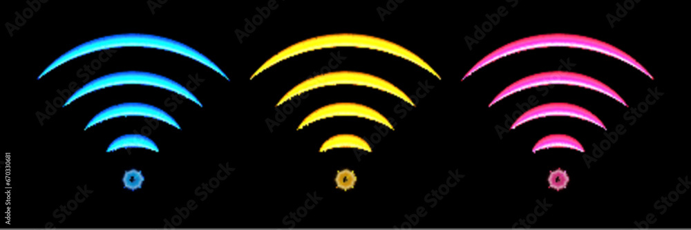 Poster wi-fi light effect, blue, yellow and red glowing signal sensor waves internet wireless connection. w