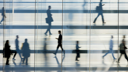 airport lobby, light white abstract background, silhouettes of people in blurry motion, abstract transport hub with stairs and light transitions