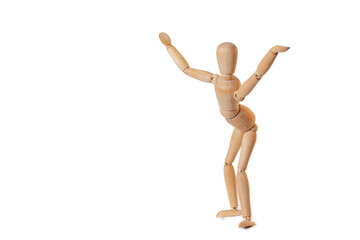Wooden man waving his arms is highlighted on a white background.