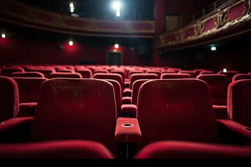 chairs theater empty theatre red auditorium interior row nobody indoor velvet opera classical performance audience conference film entertainment chair show seat event motion picture - obrazy, fototapety, plakaty